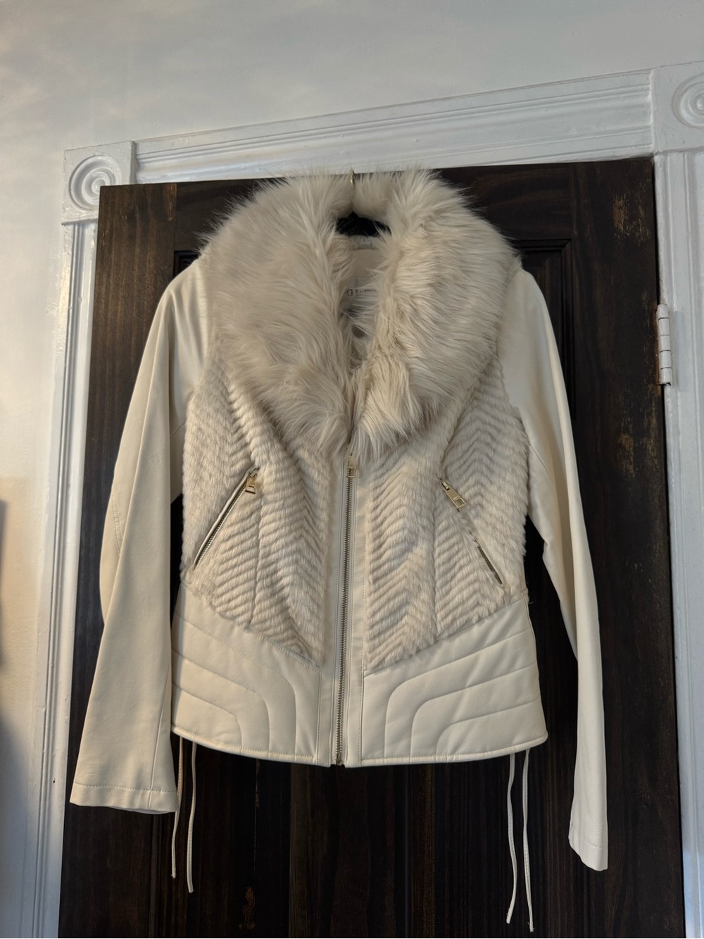 Vintage Guess Faux Fur Cream Vegan Leather Jacket